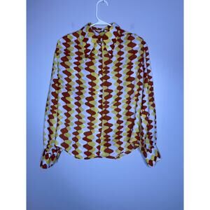 1970s Yellow Brown White Wiggle Stripe Maximalist Disco Dagger Collar Shirt 38 L